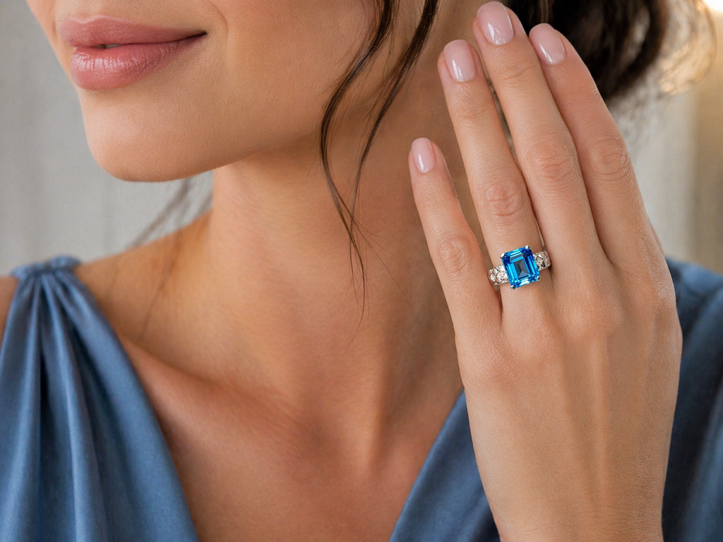 woman wearing bold blue gemstone ring with evening attire