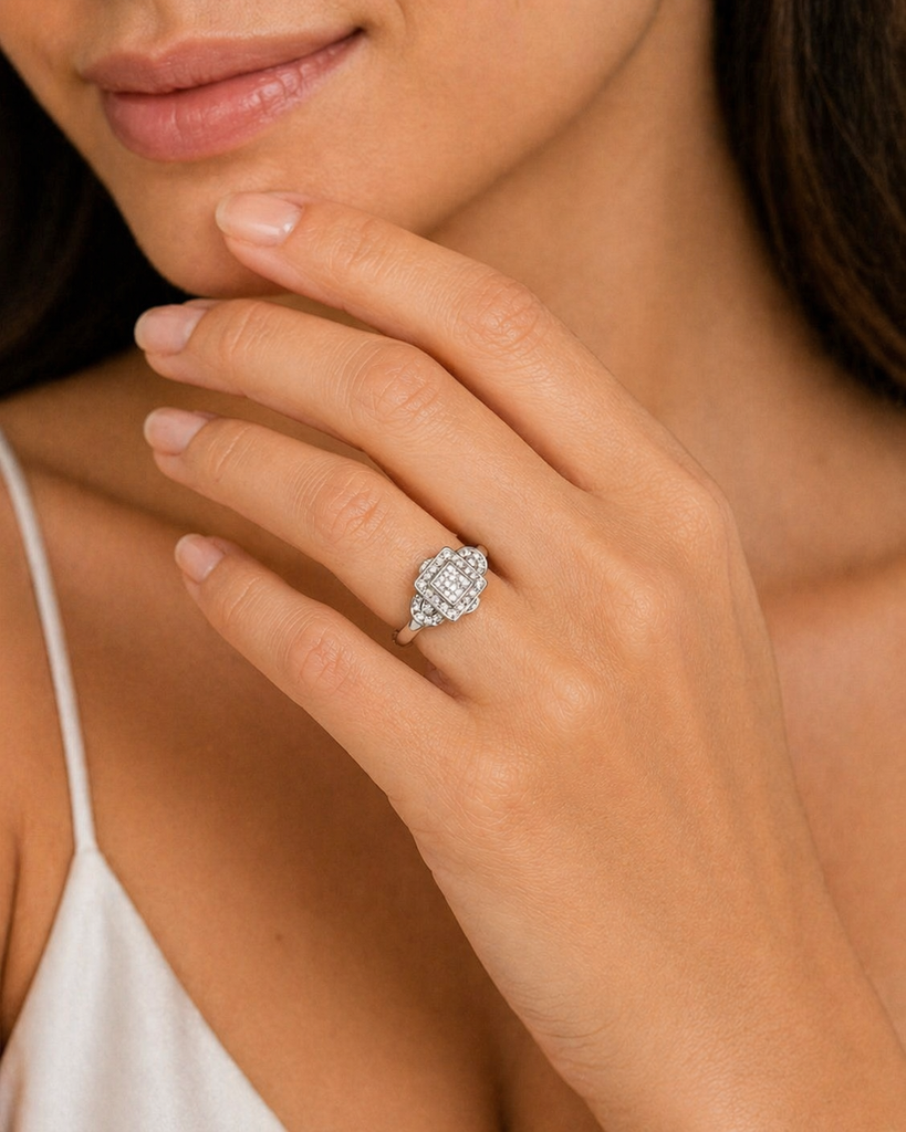 Elegant diamond band worn on finger styled for anniversary dinner look