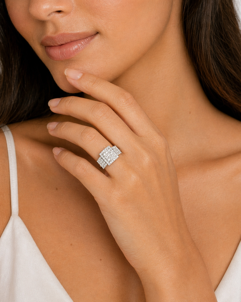 Statement diamond ring worn on hand styled for elegant anniversary event