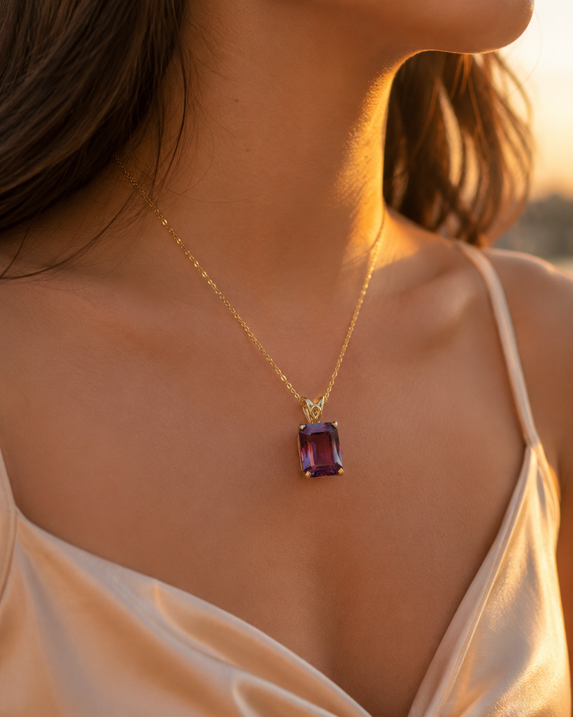 Lab Alexandrite Scroll Pendant 14K Yellow Gold | 5.07 Ct AAA Emerald Cut Lab Created Alexandrite Solitaire Necklace Gift for Her