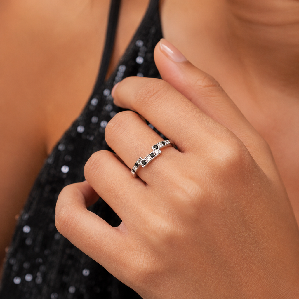 Black and White Diamond Ring worn on finger with evening attire showcasing 18K White Gold Diamond Ring 