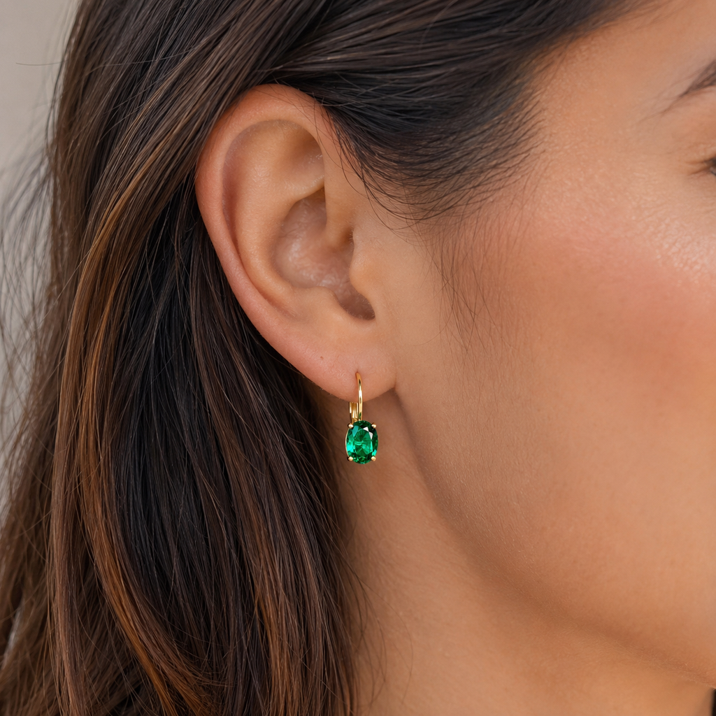 AAA Lab Created Emerald Stud Earrings 2.33–2.70 Cts Oval Cut 8x6mm in 14K Yellow Gold with Lever Back Closure Fine Green Gemstone Jewelry for Women