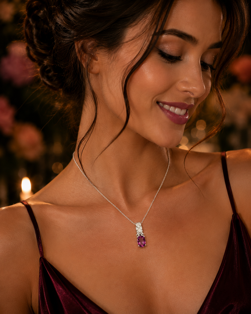 Pendant worn around neckline at dinner setting with Silver gemstone pendant styling 
