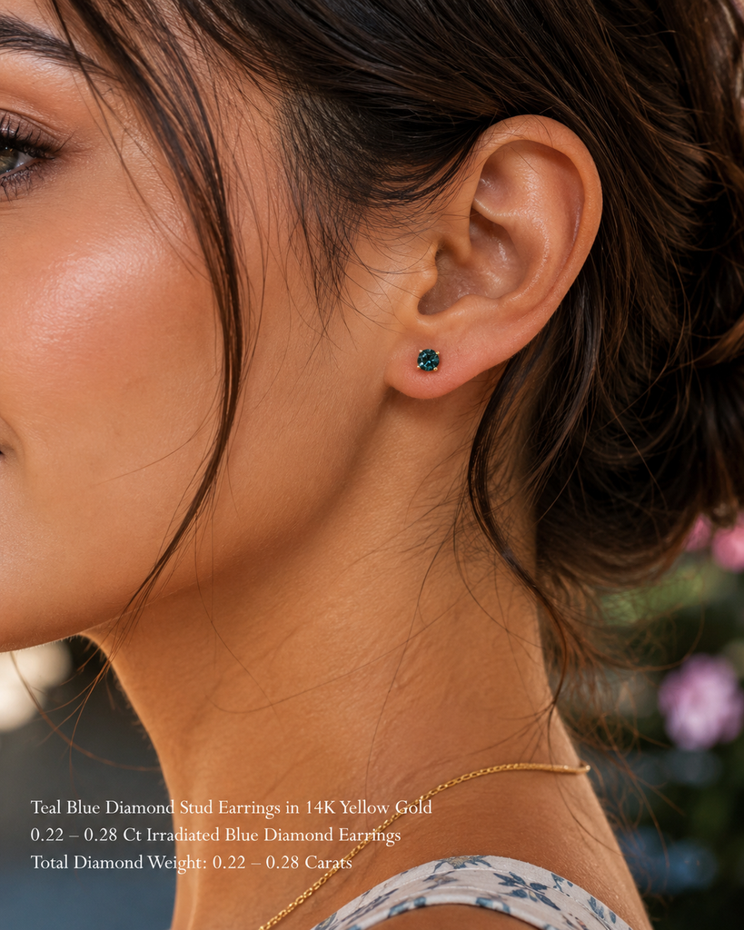 Women wearing a teal blue diamond Earrings