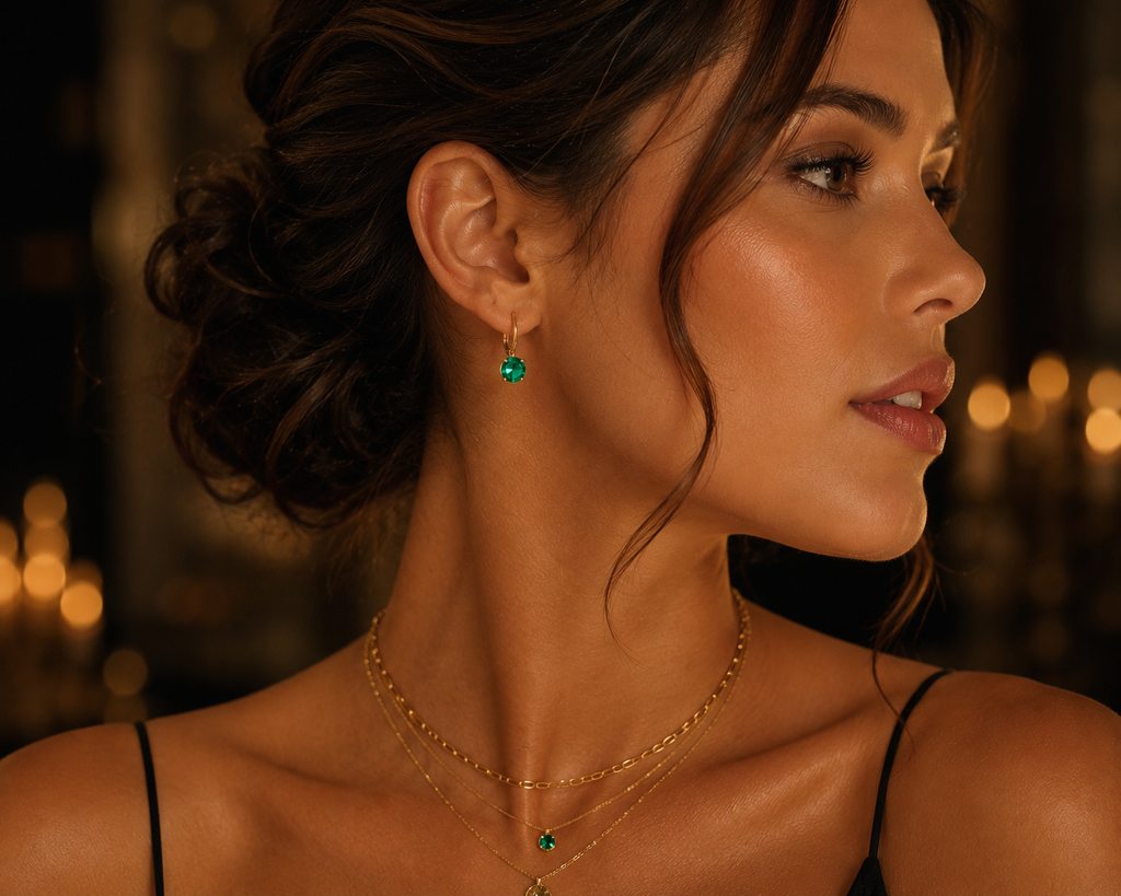 6mm Lab Created Emerald Leverback Earrings | 14K Yellow Gold Round Earrings — Elegant Gift for Her