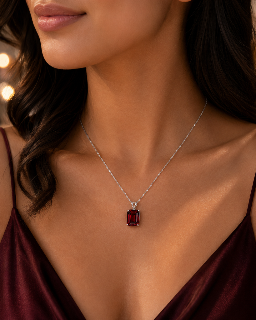Garnet Pendant Necklace | 14K White Gold Emerald Cut January Birthstone Gift for Her