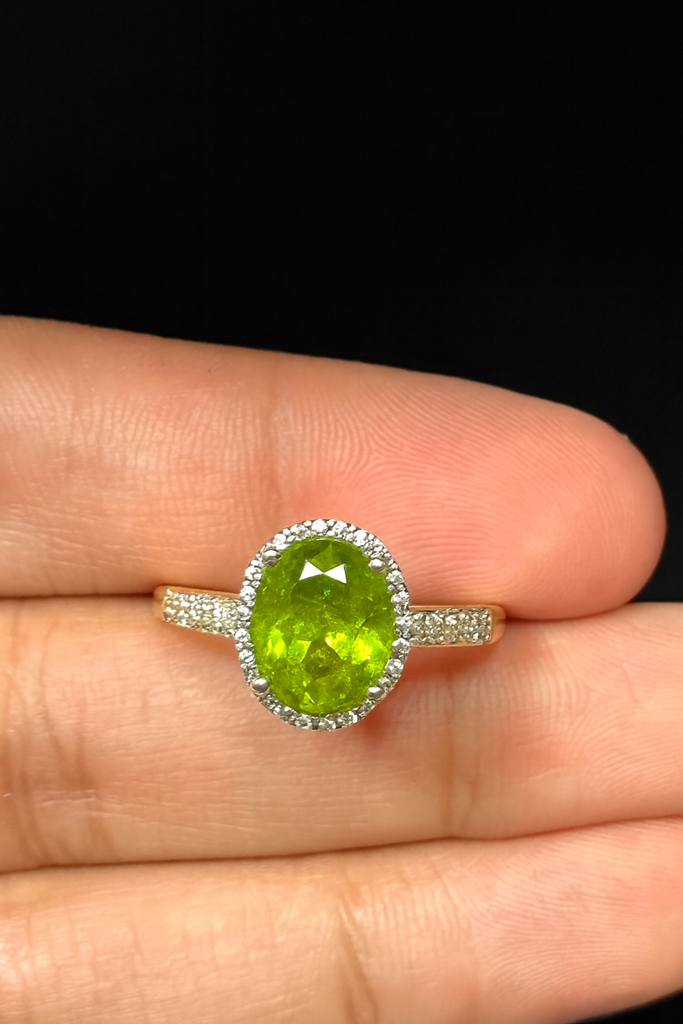 Peridot & Diamond Halo Ring 14K Yellow Gold | 2.15–2.68 ct Peridot + 0.53 ct Diamonds | Oval Green Gemstone Ring