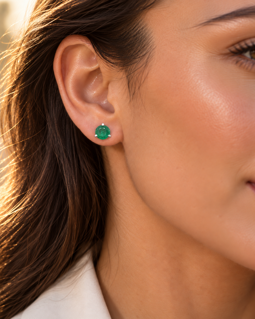 14K White Gold Emerald Stud Earrings worn on the ear with round natural emerald studs for elegant daily styling.  