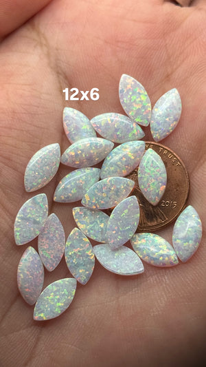 Synthetic white opal marquise shape cabochon available in 6x3mm - 12x6mm