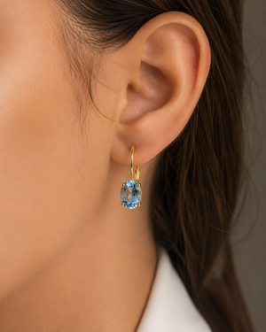 Aquamarine Stud Earrings | 14K Yellow Gold Heirloom Oval Scroll Lever Back Earrings, AAAA Aquamarine Gift for Her