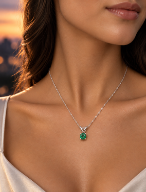 5mm emerald pendant worn at the neckline for an elegant everyday gemstone necklace look
