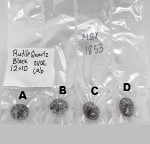 Natural Black Rutile Quartz 12x10mm oval cabochon loose gemstone with black rutile needle inclusions, smooth dome polish, AAA quality, variation-selected cab stone for custom rings, pendants, and fine jewelry making.