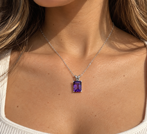10x8mm Natural Amethyst Scroll Solitaire Pendant | Platinum AAA Emerald Cut 2.37–2.95 Ct