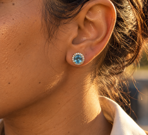 7mm Round Blue Topaz Diamond Earrings | 14K Yellow Gold Prong Set 0.10 Ct Diamonds
