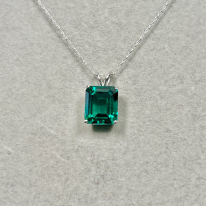 Chromatic Green Lab Emerald Solitaire Necklace 14K White Gold 12x10 mm Stone 5.26–6.12 Cts Womens Jewelry