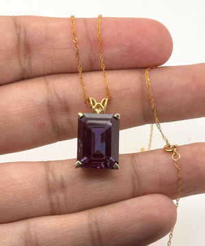 Lab Alexandrite Pendant | 14K Yellow Gold 16x12mm Emerald Solitaire Necklace — Statement Color Change Jewelry