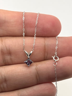 Lab Alexandrite Pendant | 14K White Gold 4mm Princess Solitaire Necklace — Dainty Color Change Jewelry