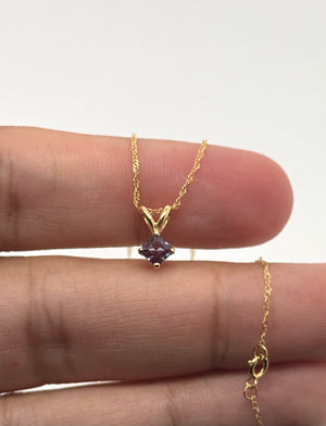 Lab Alexandrite Pendant | 14K Yellow Gold 4mm Princess Solitaire Necklace — Dainty Color Change Gift