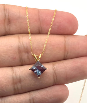 Lab Alexandrite Pendant | 14K Yellow Gold 7mm Princess Solitaire Necklace — Color Change Fine Jewelry