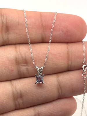Lab Alexandrite Pendant | 14K White Gold 4mm Princess Solitaire Necklace — Dainty Color Change Gift