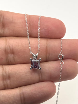 Lab Alexandrite Pendant | 14K White Gold 6mm Princess Solitaire Necklace — Color Change Gift for Her