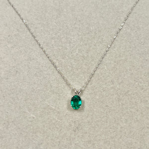 14K White Gold Lab Created Emerald Solitaire Pendant AAA | 9x7mm Oval 1.58–2.00 CT | 18” Chain