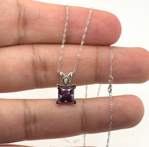 Lab Alexandrite Pendant | 14K White Gold 7mm Princess Solitaire Necklace — Color Change Jewelry Gift