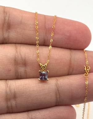 Lab Alexandrite Pendant | 14K Yellow Gold 4mm Princess Solitaire Necklace — Delicate Color Change Gift