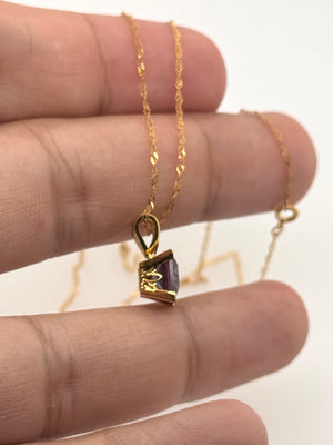 7mm Lab Alexandrite Pendant | 14K Yellow Gold Princess Scroll Solitaire Necklace — Color Change Fine Jewelry