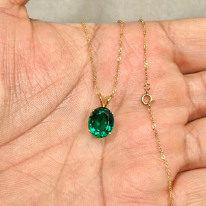 2.62–3.65 Cts AAA Oval Lab Created Emerald Solitaire Pendant 11x9 mm 14K Yellow Gold – 18” Singapore Chain