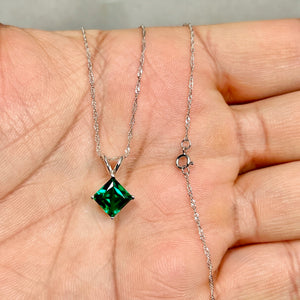 1.49–1.69 Cts AAA Princess-Cut Lab Created Emerald Solitaire Pendant 7 mm 14K White Gold – 18” Singapore Chain