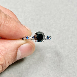 Black Diamond Ring 14K White Gold – Black & White Diamond Blue Sapphire Ring Setting 3.00 CT, Luxury Fashion Ring Size 6