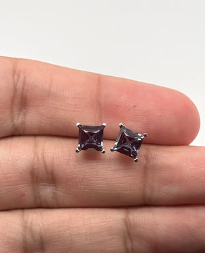 6mm Lab Alexandrite Stud Earrings | 14K White Gold Princess Solitaire Earrings — Color Change Fine Jewelry