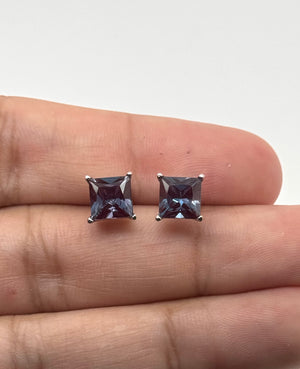 7mm Lab Alexandrite Stud Earrings | 14K White Gold Princess Solitaire Earrings — Color Change Fine Jewelry