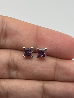 5mm Lab Alexandrite Earrings | 14K White Gold Princess Scroll Stud Earrings — Color Change Fine Jewelry