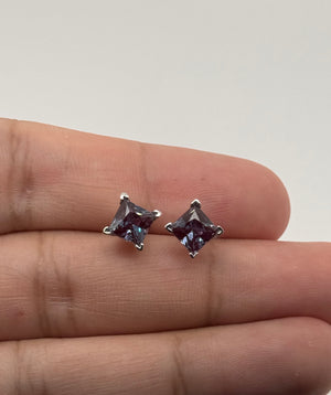 6mm Lab Alexandrite Stud Earrings | 14K White Gold Princess Cut Color Change Jewelry