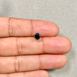 Round brilliant black diamond men’s stud earring in polished platinum with visible prong setting and secure screwback post, shown at true scale. 