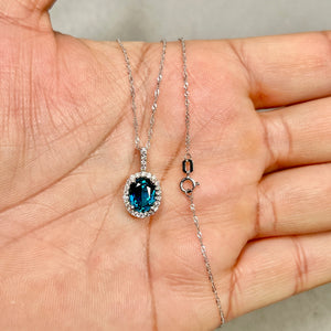 London Blue Topaz & Diamond Pendant 6.24 Ct | 14K White Gold Oval Topaz Necklace | 0.29 Ct Diamond Accent Pendant