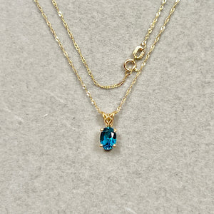 London Blue Topaz Scroll Pendant 0.81 Ct | 18K Yellow Gold Oval Topaz Necklace | AAA Dark Blue Topaz Pendant with Chain