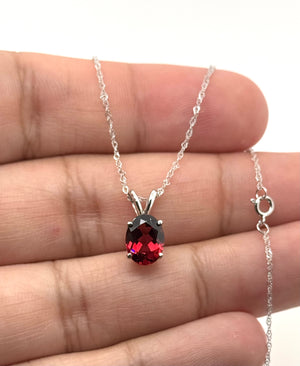 9x7mm Garnet Pendant | 14K White Gold Oval Solitaire Necklace — January Birthstone Jewelry
