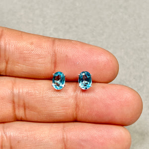 Swiss Blue Topaz Stud Earrings 1.40–1.85 Ct | 14K White Gold Oval Topaz Earrings | AAA Quality Blue Topaz Studs
