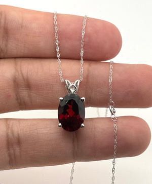 14x10mm Garnet Pendant | 14K White Gold Oval Scroll Solitaire Necklace — January Birthstone Jewelry