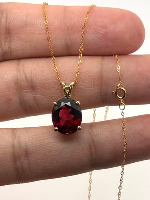 12x10mm Garnet Pendant | 14K Yellow Gold Oval Scroll Solitaire Necklace — January Birthstone Jewelry