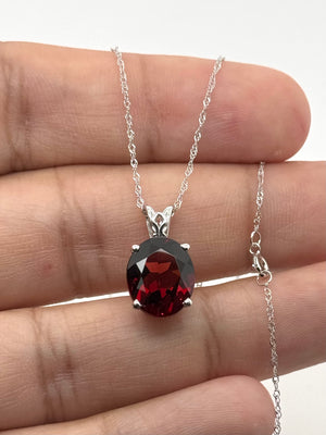 12x10mm Garnet Pendant | 14K White Gold Oval Scroll Solitaire Necklace — January Birthstone Jewelry