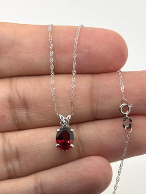 8x6mm Garnet Pendant | Platinum Oval Scroll Solitaire Necklace — January Birthstone Jewelry