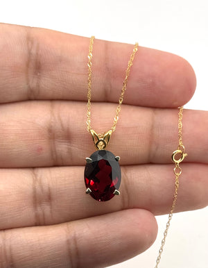 14x10mm Garnet Pendant | 14K Yellow Gold Oval Scroll Solitaire Necklace — January Birthstone Jewelry