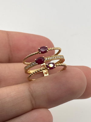 4x3mm Natural Ruby & Diamond Stack Ring | 14K Yellow Gold 3-Row Ruby Ring — July Birthstone Jewelry