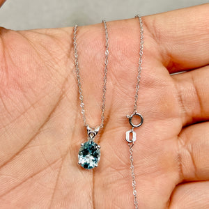 1.75 Cts AAA Oval Aquamarine Solitaire Scroll Pendant 9x7 mm Platinum – 18” White Gold Chain