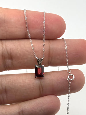 7x5mm Garnet Pendant | 14K White Gold Emerald Scroll Solitaire Necklace — January Birthstone Jewelry