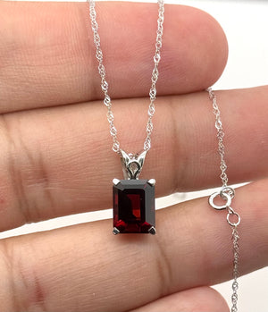 9x7mm Garnet Pendant | 14K White Gold Emerald Scroll Solitaire Necklace — January Birthstone Jewelry